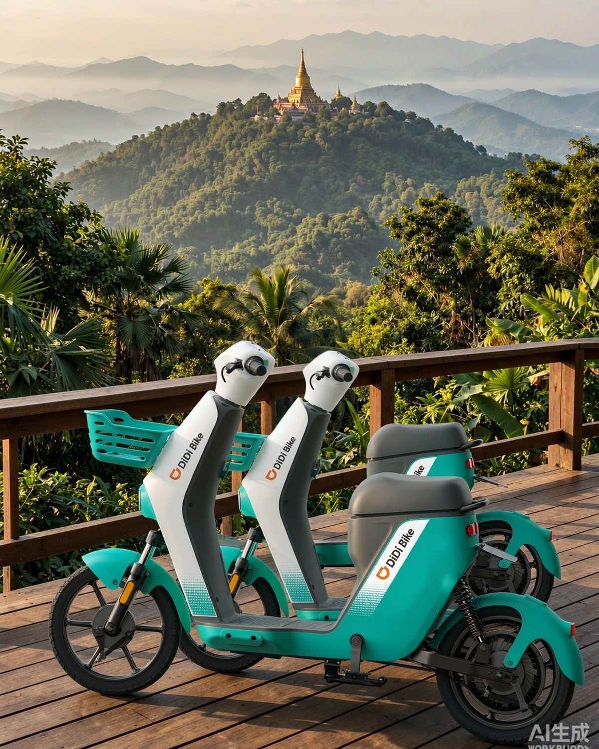 DiDi Bike scooters at a Chiang Mai mountain viewpoint with Doi Suthep temple